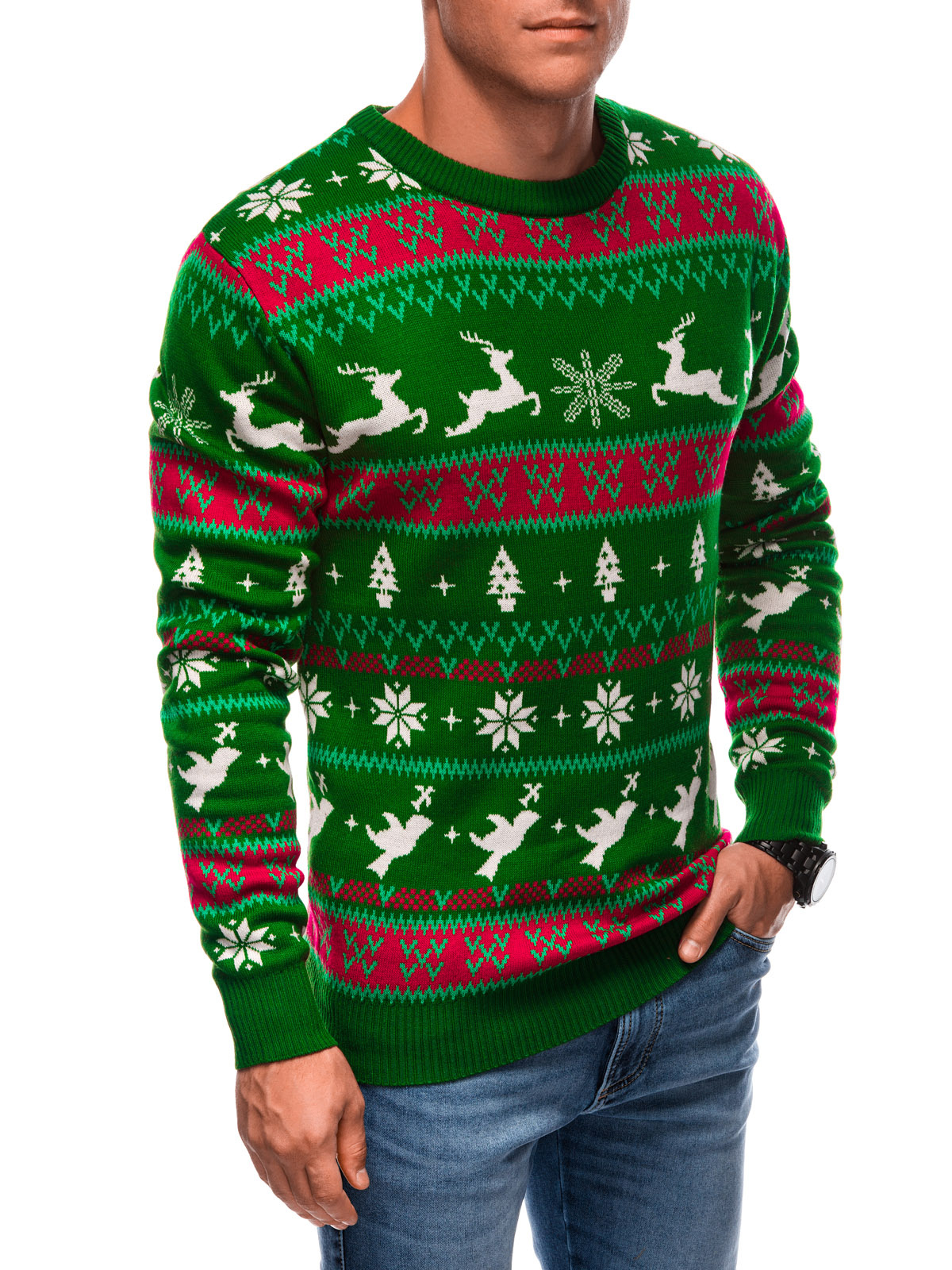 Edoti Men's Norwegian Winter Sweater With Reindeer - Green