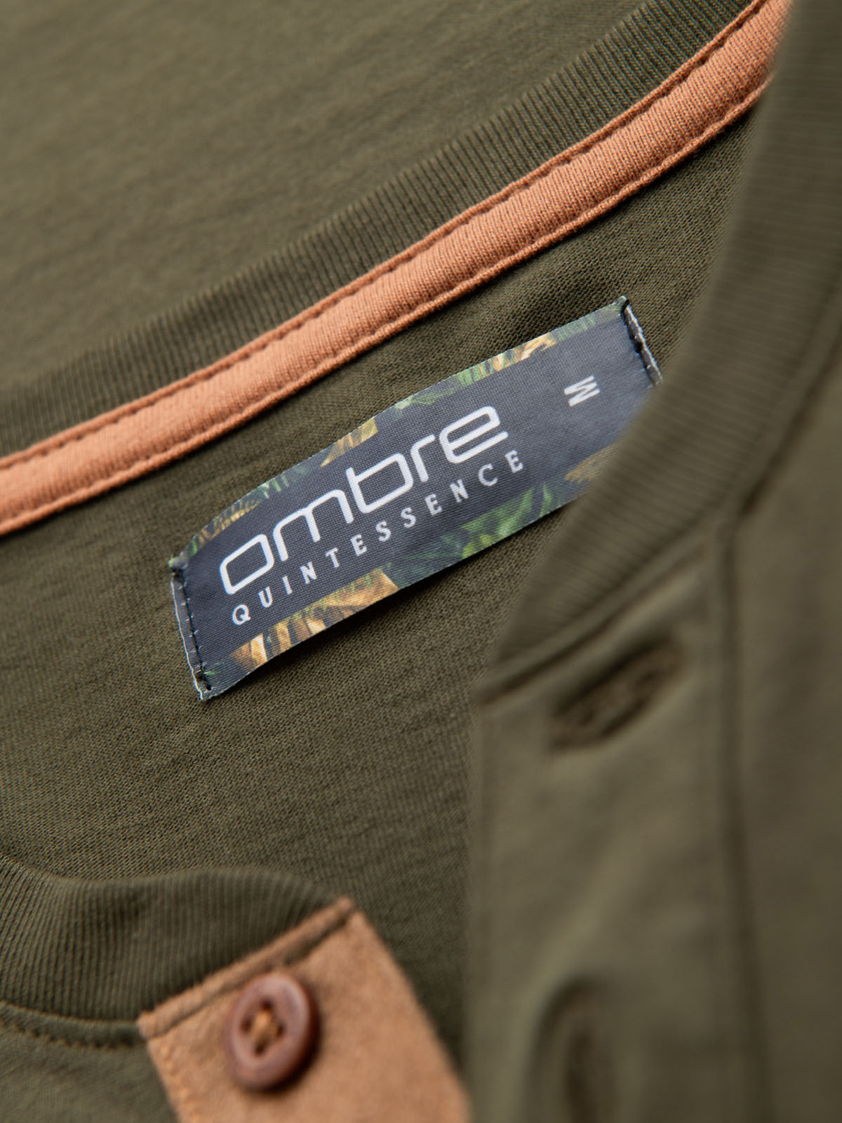 Ombre Men's T-shirt with button neckline and suede trim - dark olive