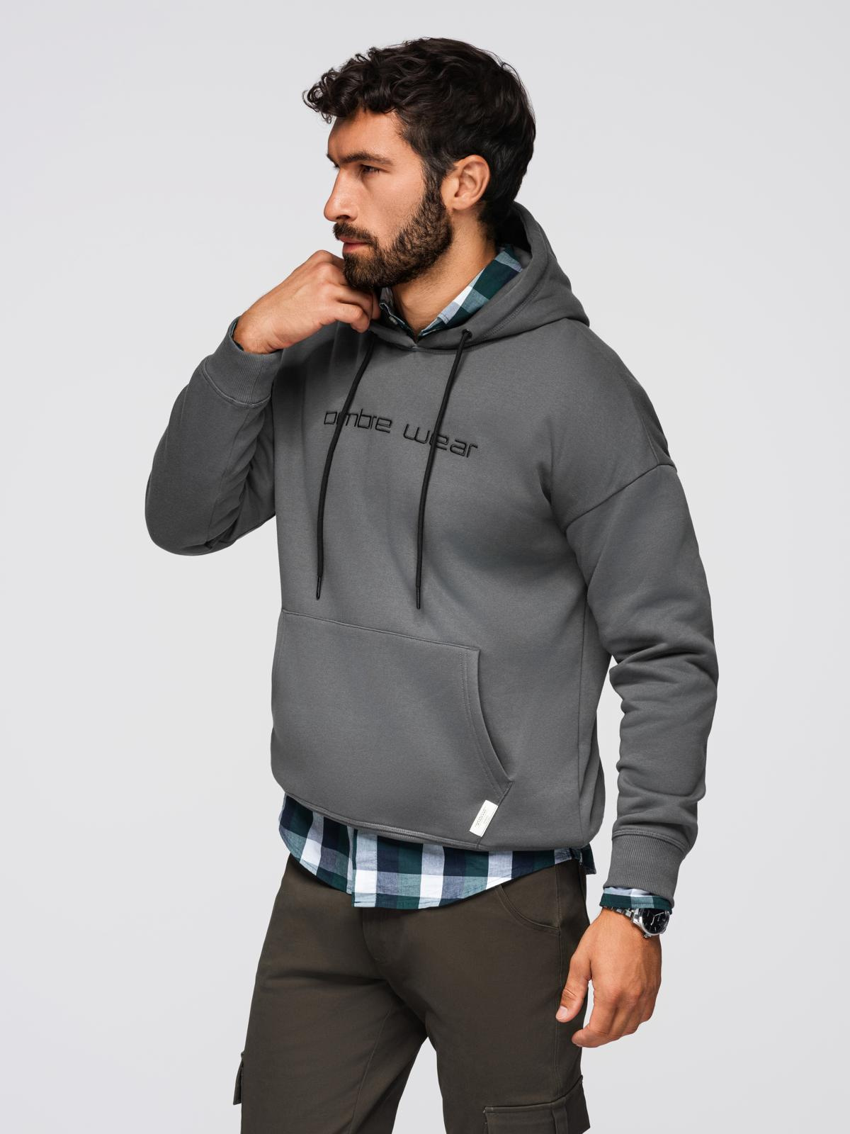 Ombre Men's kangaroo sweatshirt with embroidery and hood - graphite