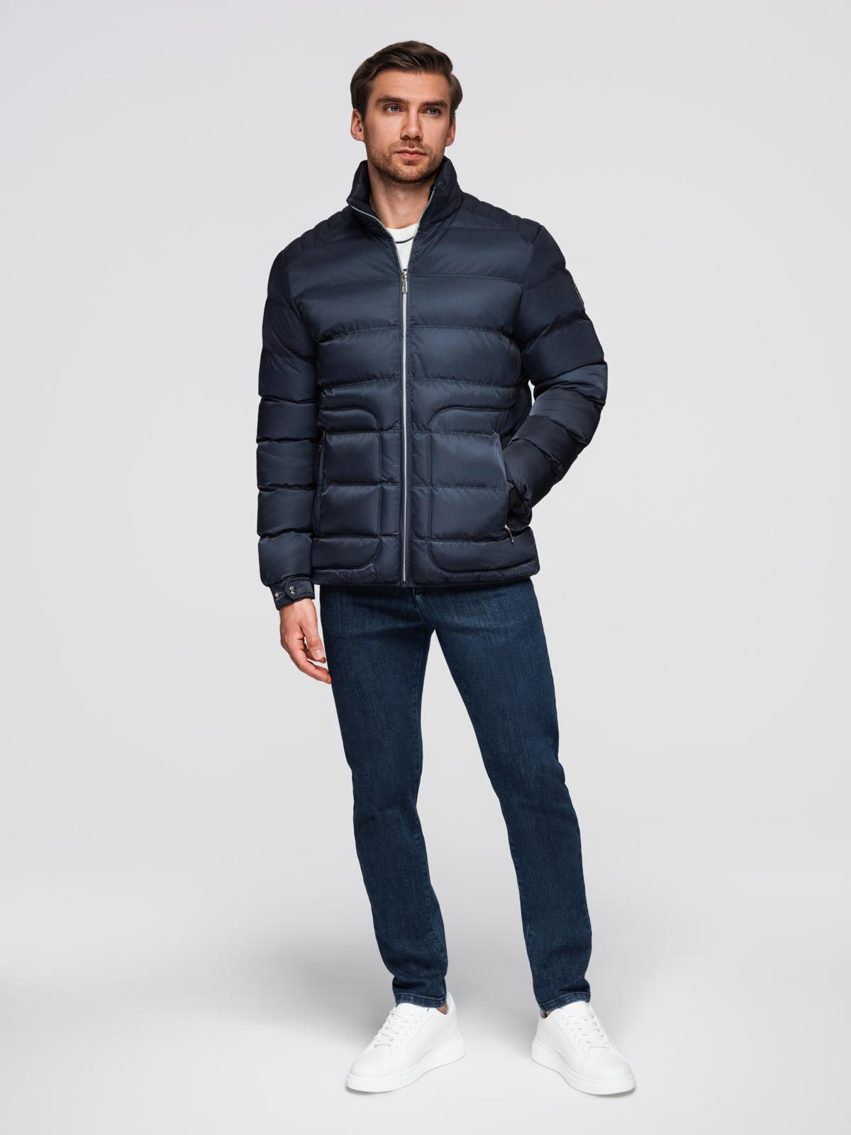 Ombre Men&#039;s quilted jacket with sheen and stand-up collar - dark blue