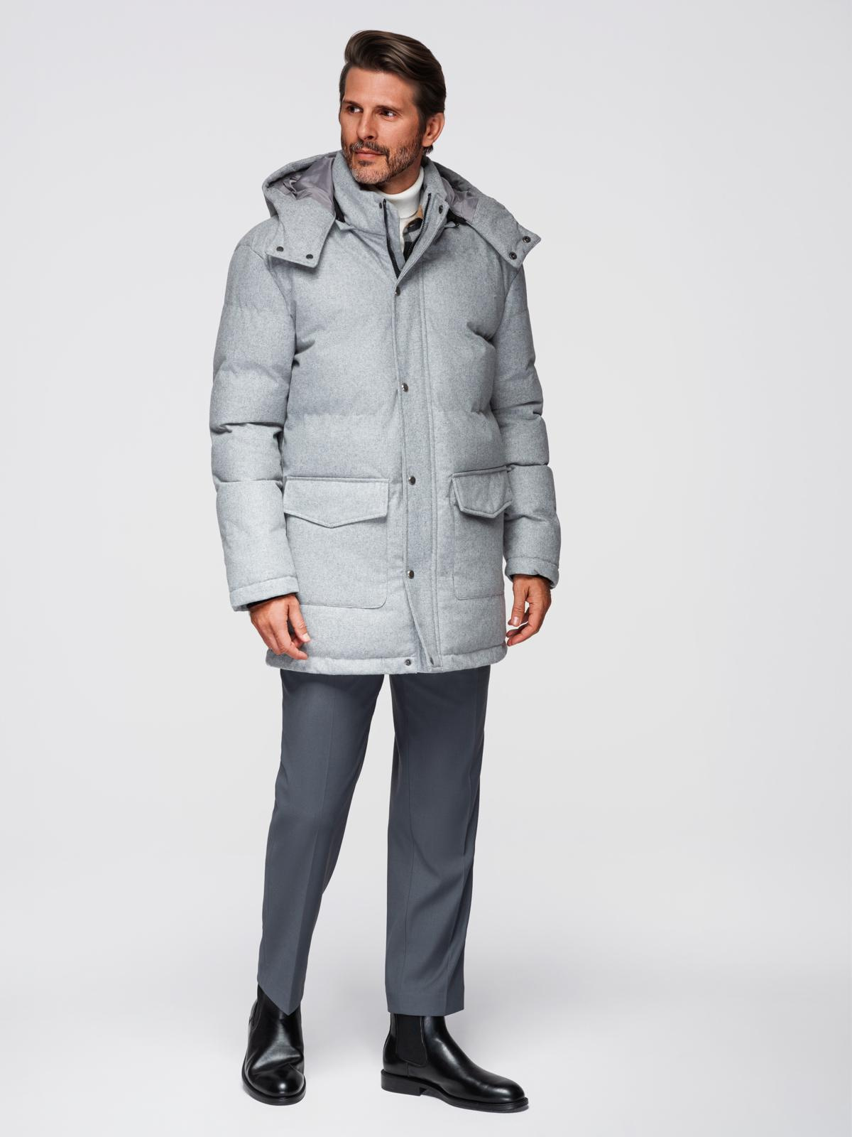 Ombre Warm men&#039;s long parka jacket with wool - light grey melange