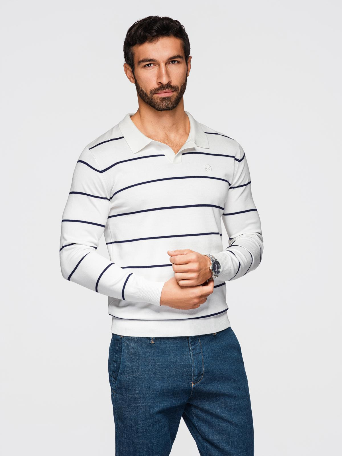 Ombre Men's horizontal striped polo longsleeve with viscose - white and navy blue
