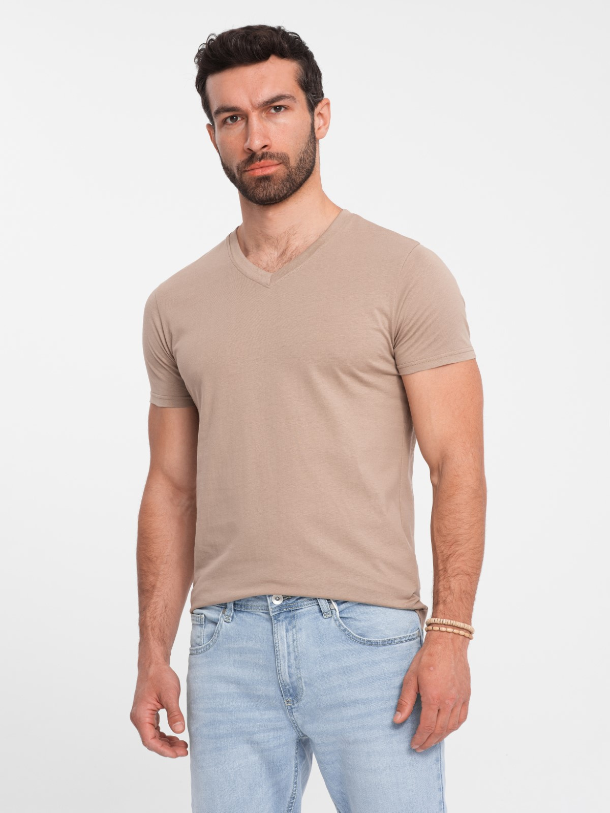 Ombre Men's BASIC classic cotton T-shirt with a v-neck - ash