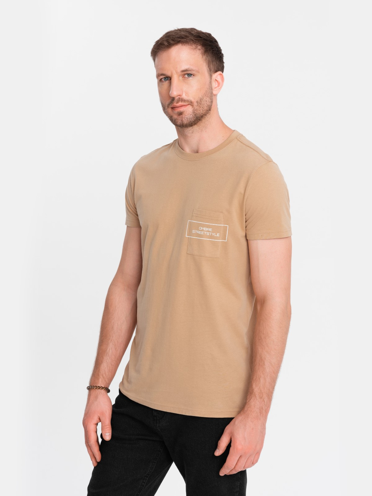 Men's cotton t-shirt with pocket print Ombre Streetstyle - sand