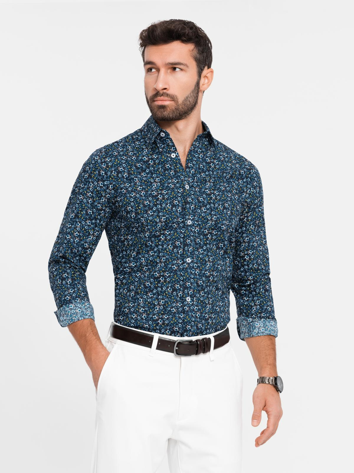 Ombre Men&#039;s SLIM FIT patterned cotton shirt - dark blue