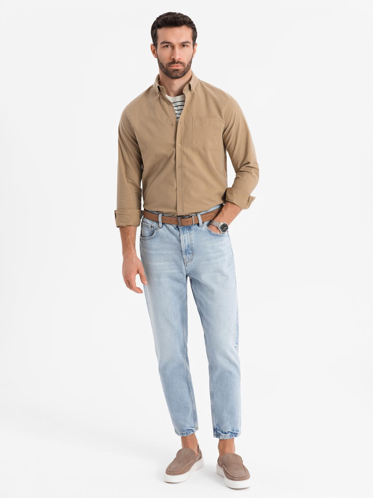 Ombre Men&#039;s REGULAR FIT cotton shirt with pocket - light brown