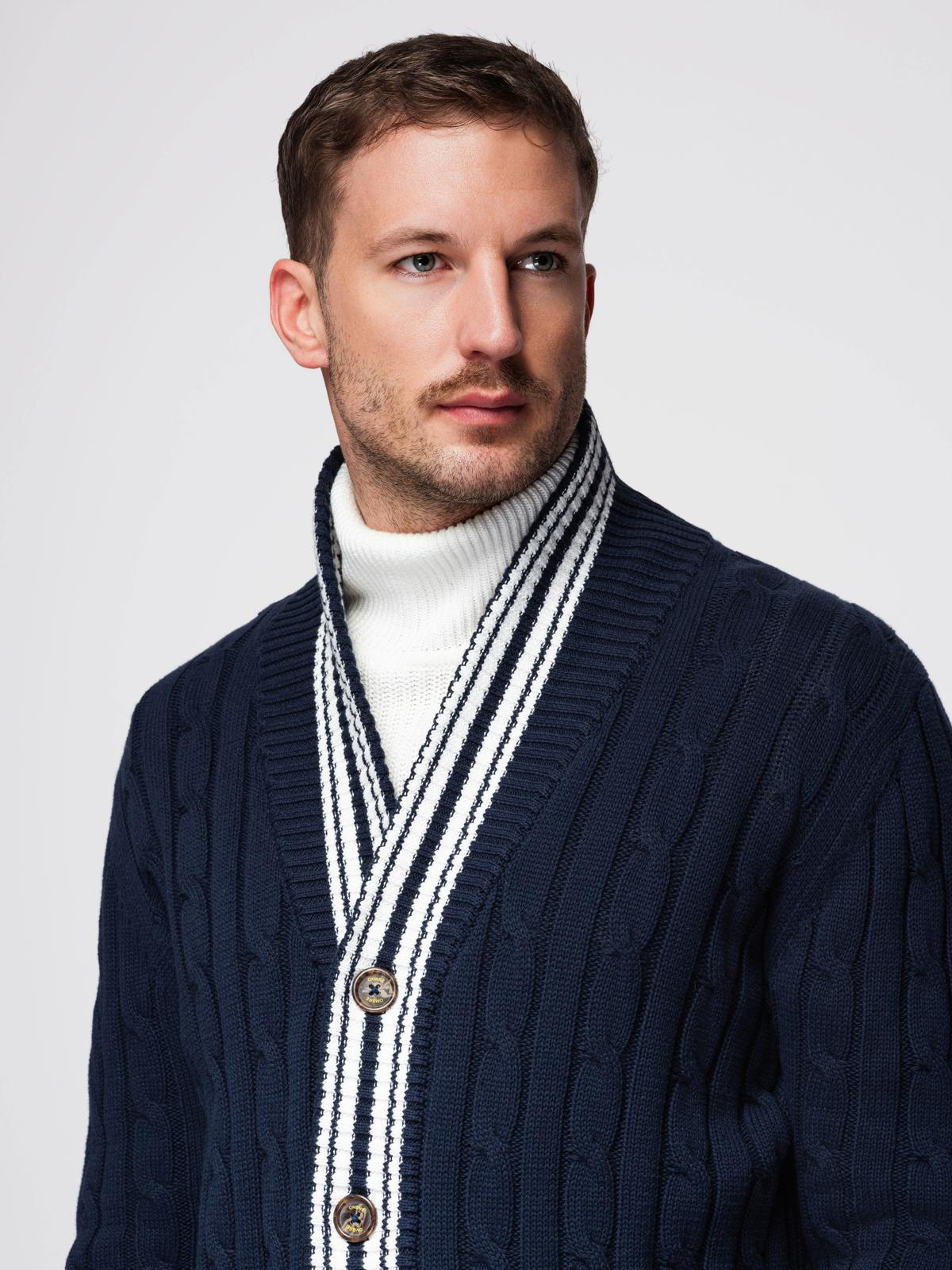 Ombre Men's cardigan sweater with shawl collar in preppy style - navy blue