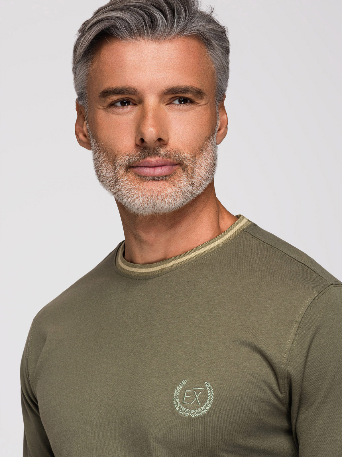 Ombre Men's cotton longsleeve with U neckline with stripes and embroidery - olive