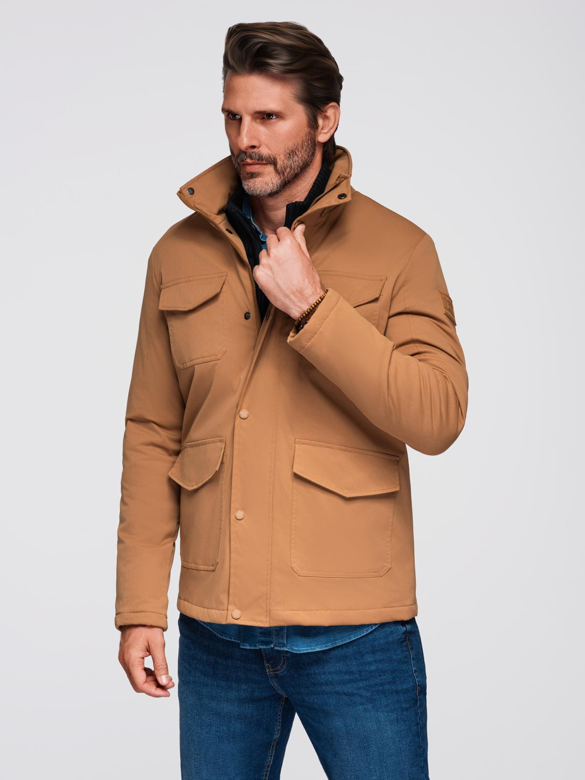 Ombre Men&#039;s lightweight jacket with pockets and high collar - brown