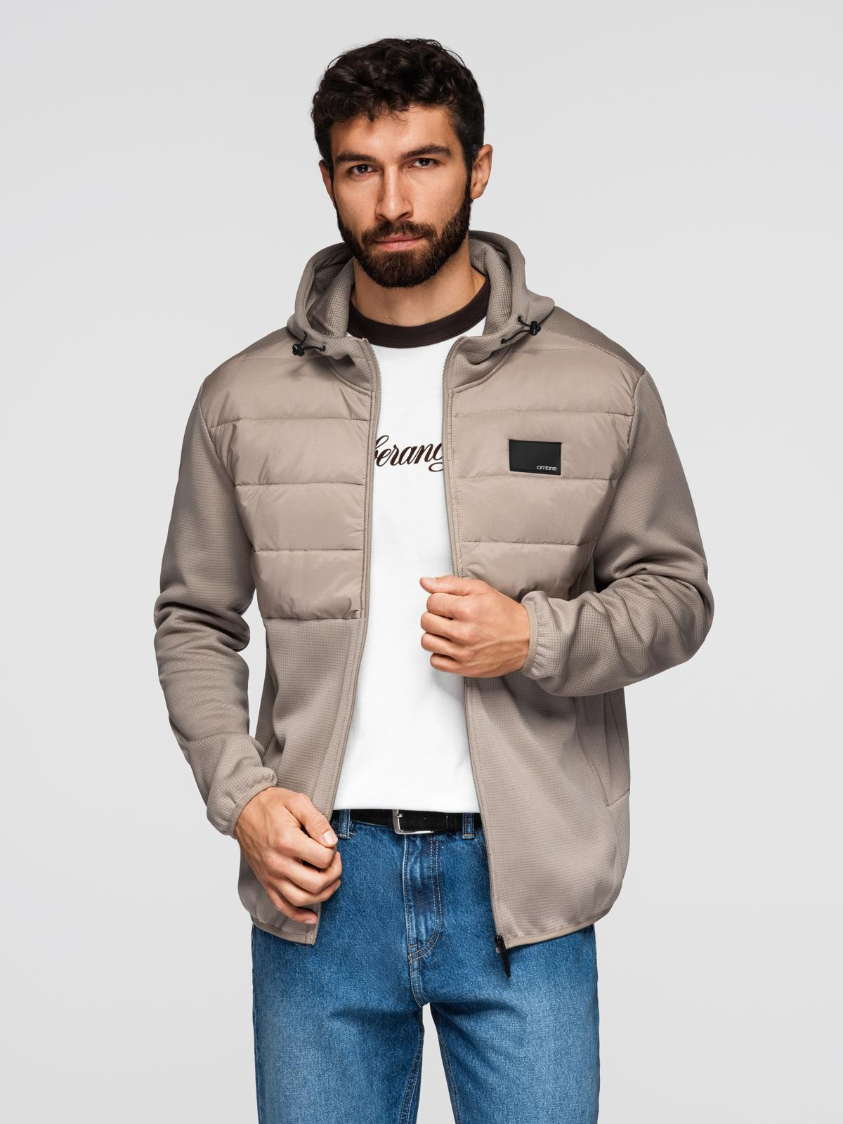 Ombre Men's lightweight jacket of combined materials with hood and decorative quilting - ash