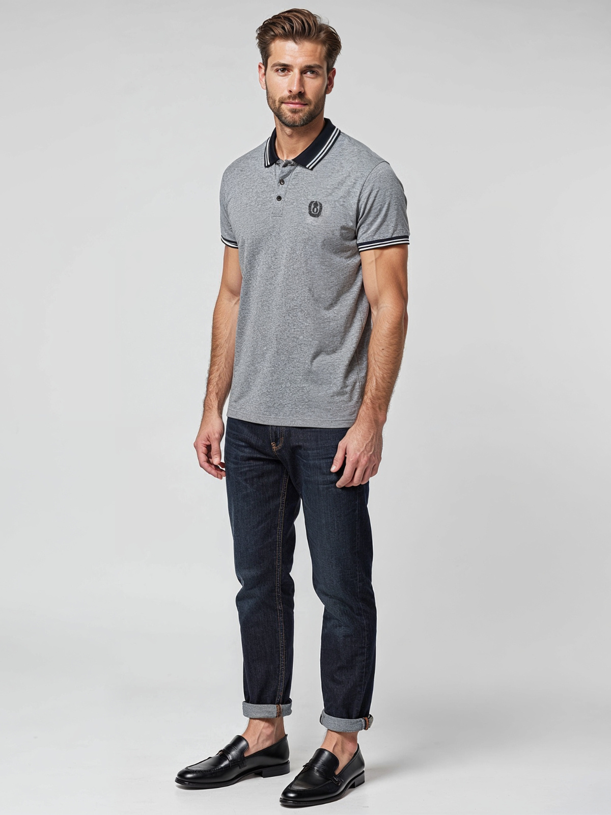 Ombre Men's melange polo shirt with striped collar - black
