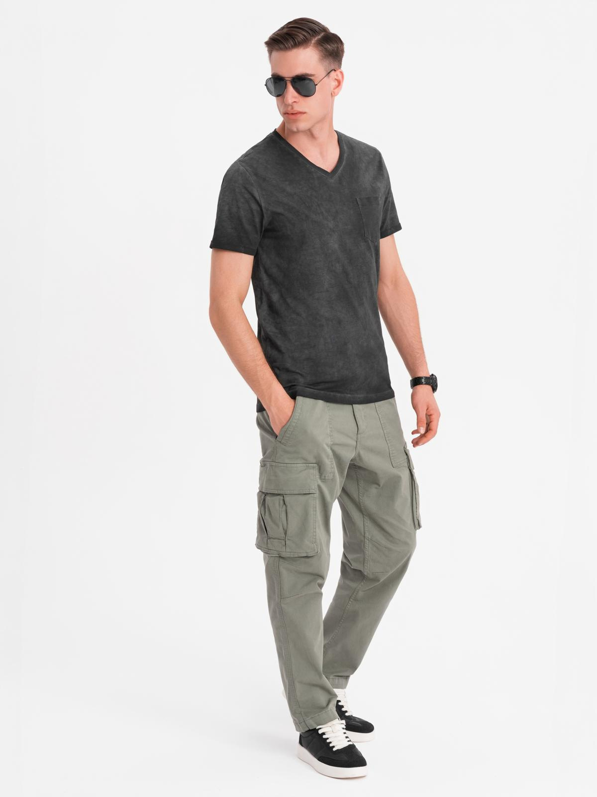 Ombre Men's cotton knit V-neck t-shirt with wash effect - black