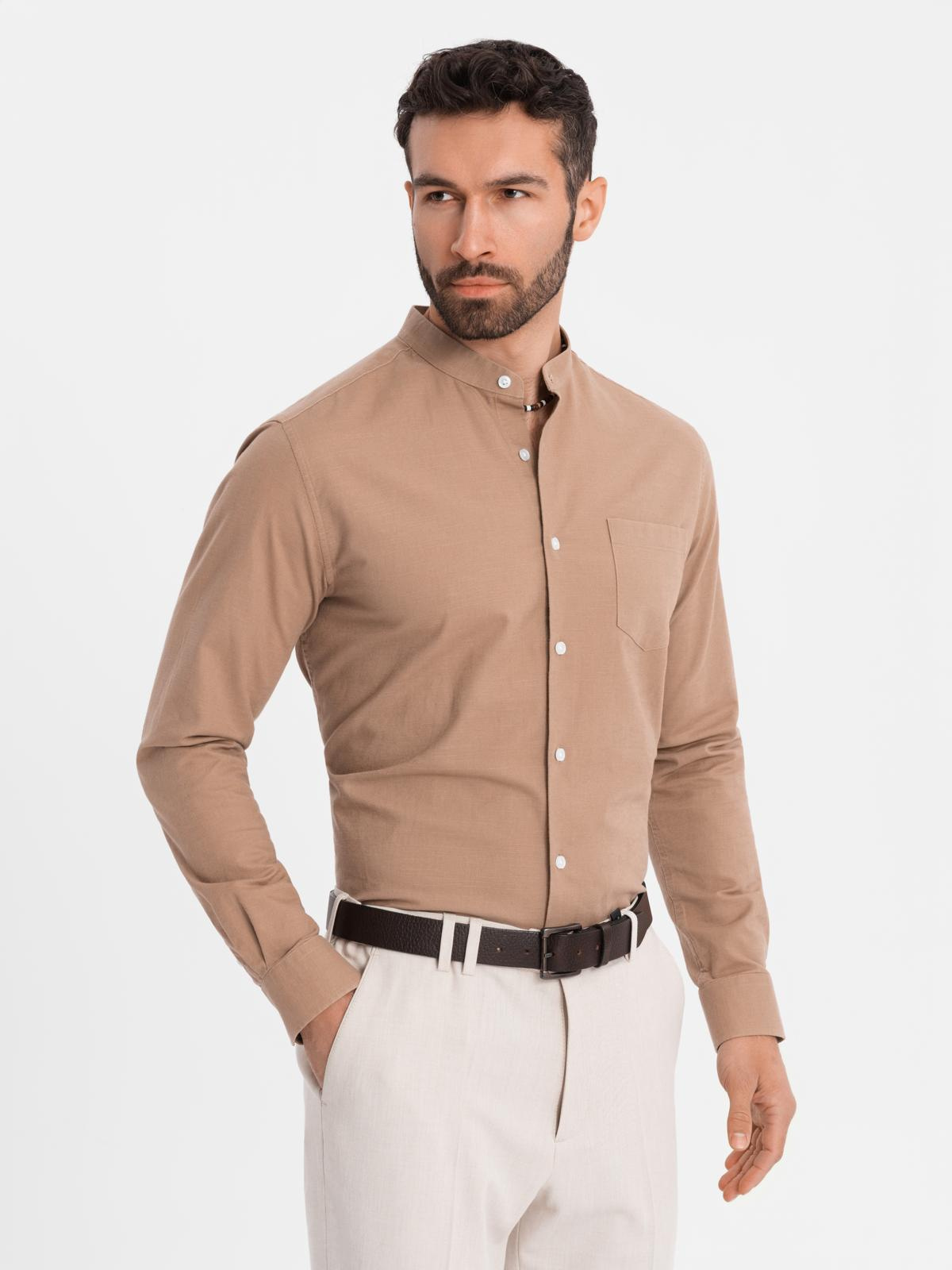 Ombre Men's linen shirt with stand-up collar and pocket REGULAR FIT - light brown