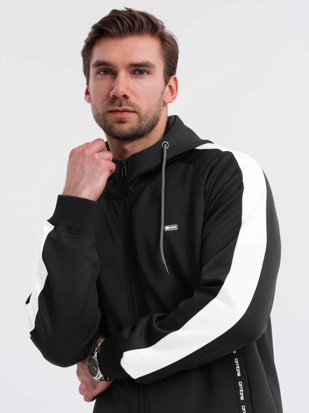 Ombre Men's unbuttoned hooded sweatshirt with piping - black