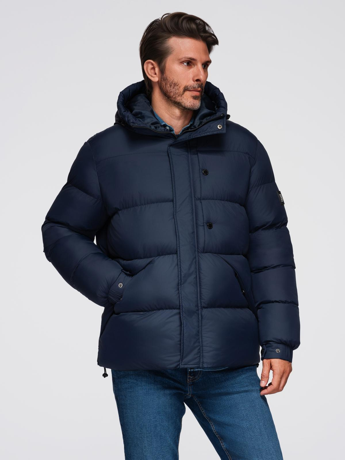 Ombre Men&#039;s quilted jacket with high zipped hood - navy blue
