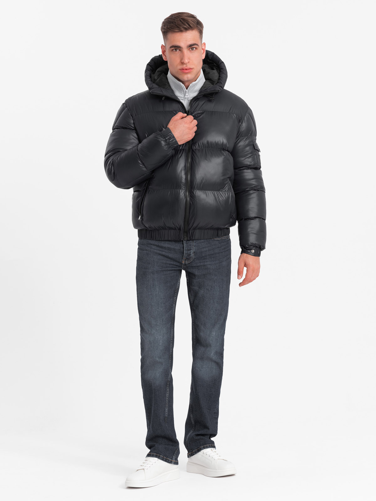 Ombre Men's warm puffer jacket with welts - black