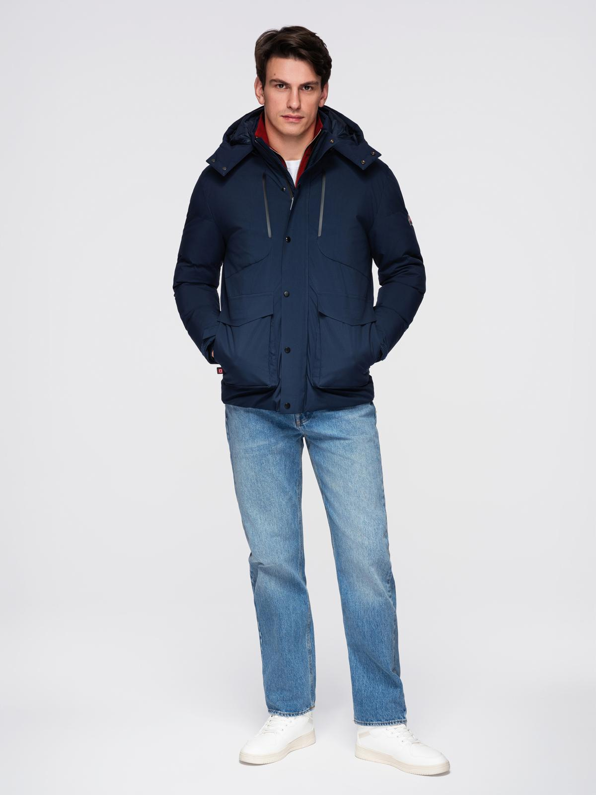 Ombre Men&#039;s winter jacket with detachable hood made of waterproof material - navy blue