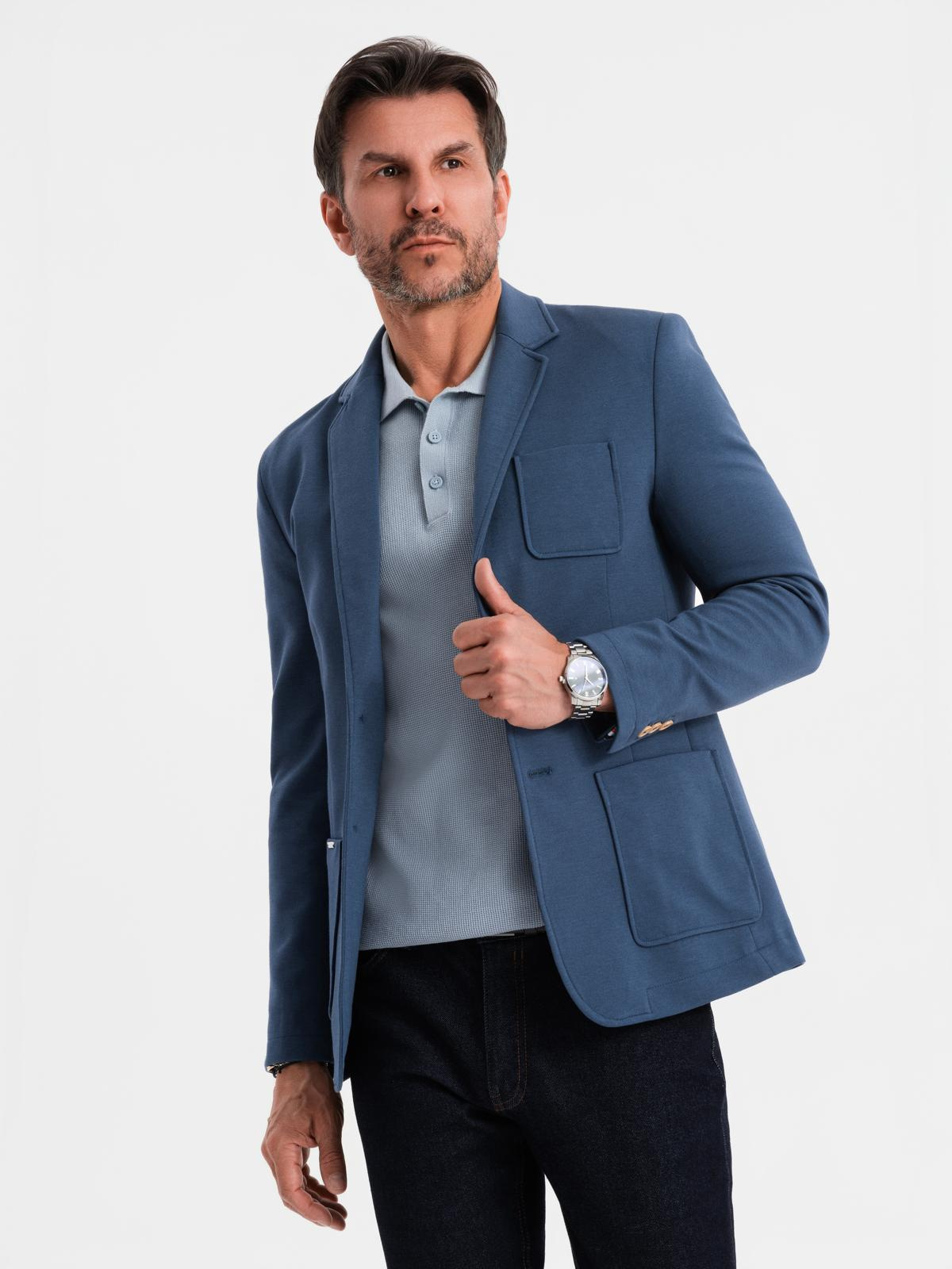 Ombre Men's SLIM knit jacket with subtle texture - dark blue