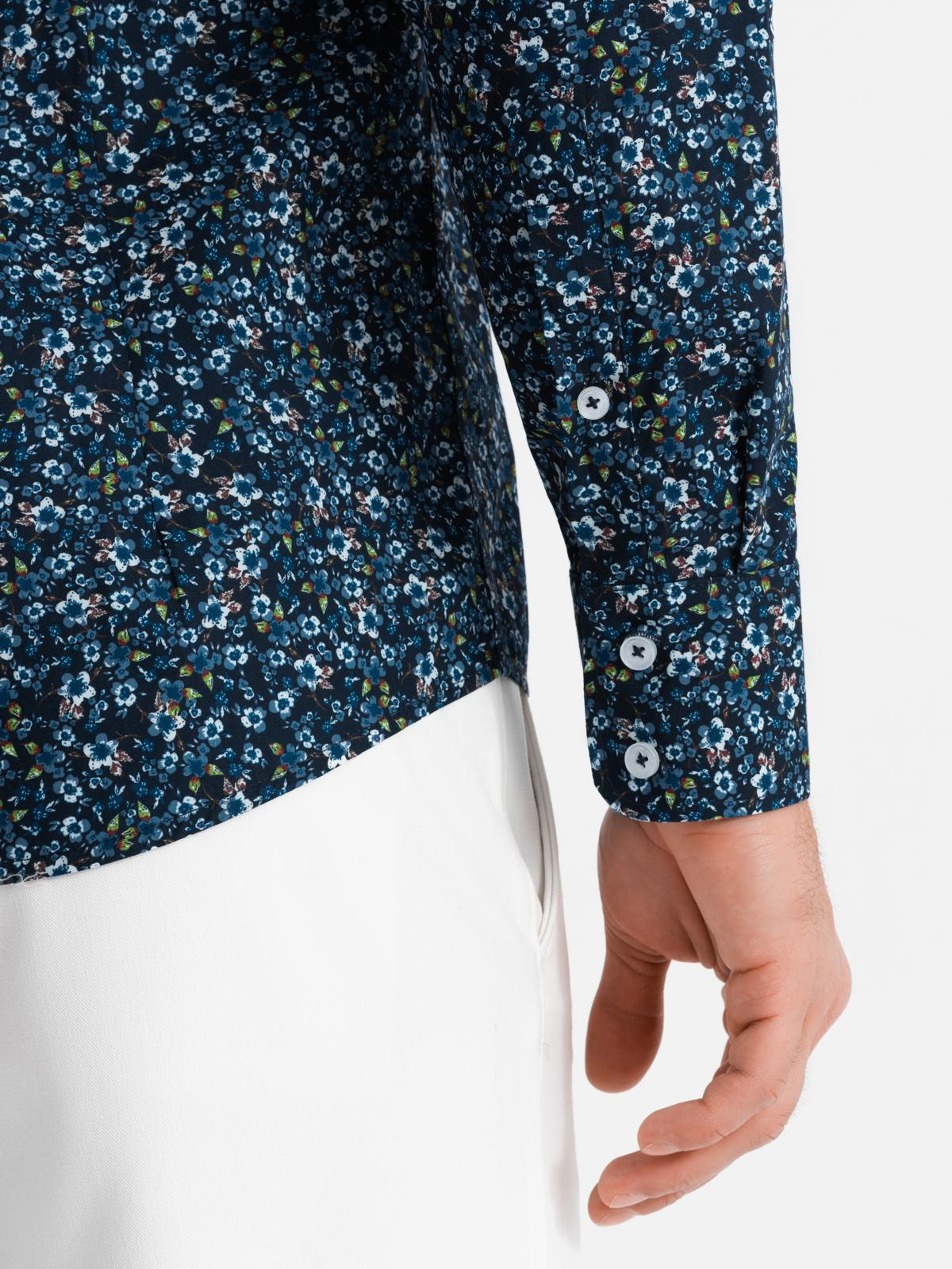 Ombre Men's SLIM FIT patterned cotton shirt - dark blue