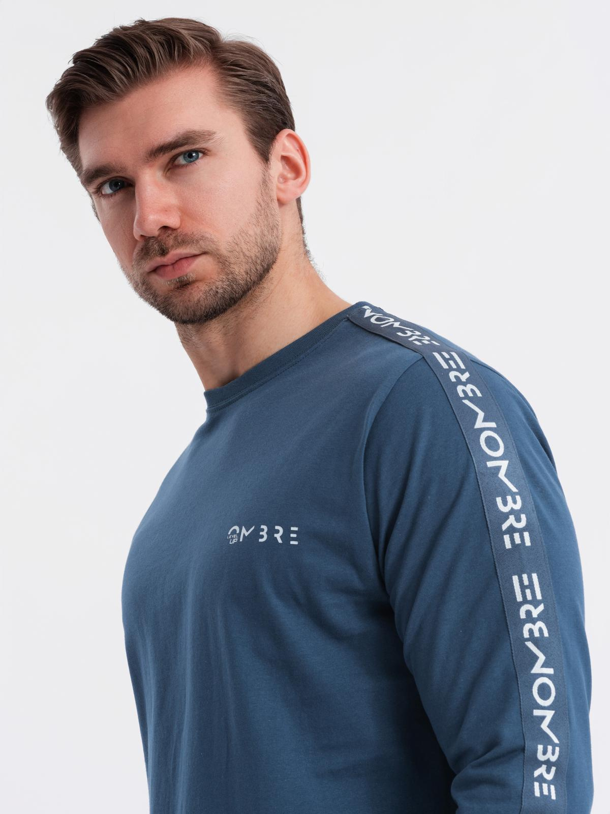 Ombre Men's cotton U-neck longsleeve with piping and chest print - dark blue