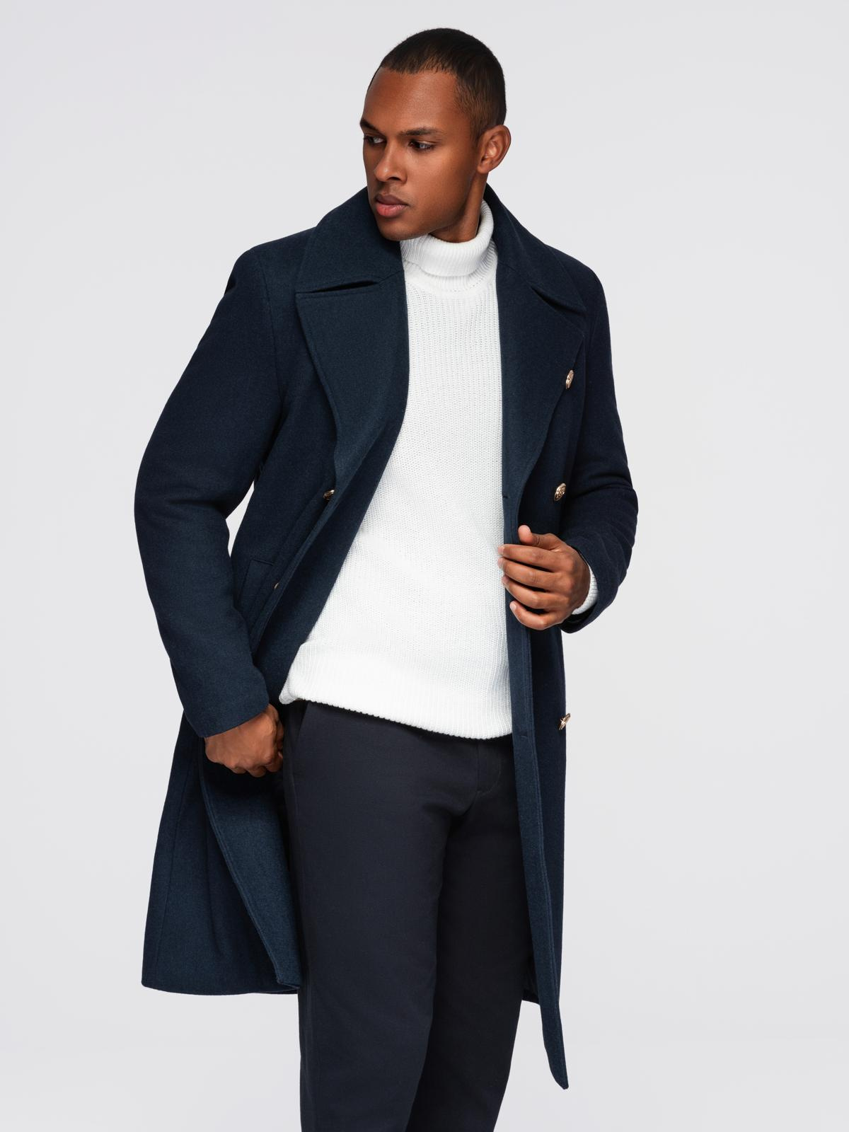 Ombre Men&#039;s navy double-breasted wool coat - navy blue