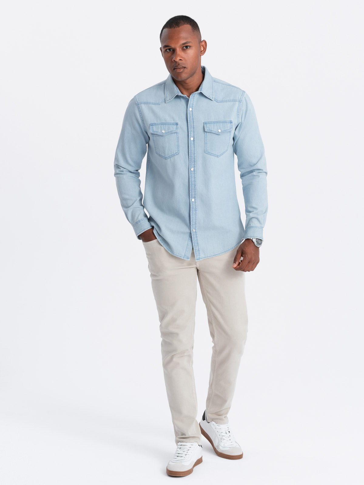 Ombre Men's denim snap shirt with pockets - light blue