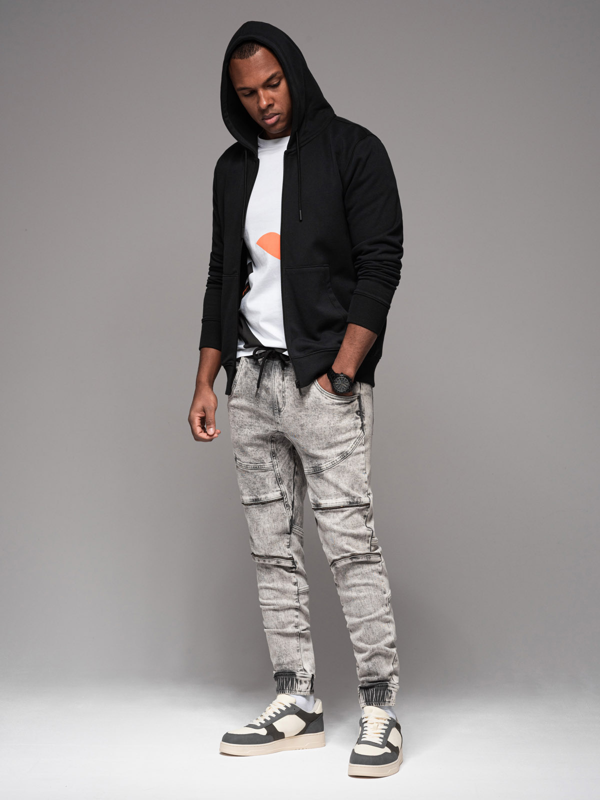 Ombre Men&#039;s denim jogger pants with rips and zippers - gray