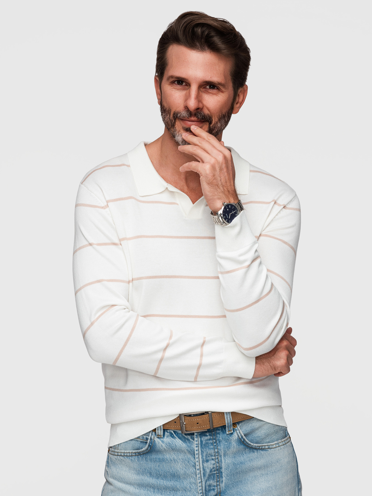 Ombre Men's horizontal striped polo longsleeve with viscose - white and beige