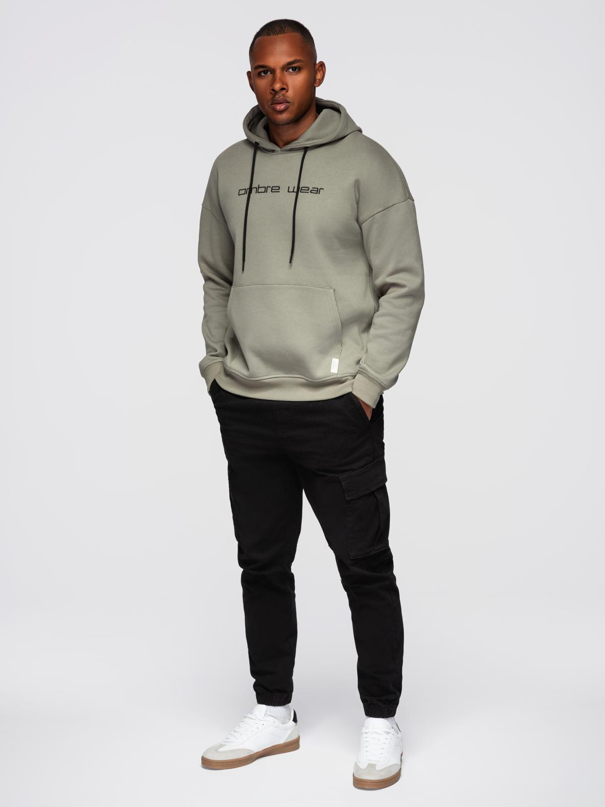 Ombre Men's kangaroo sweatshirt with embroidery and hood - khaki