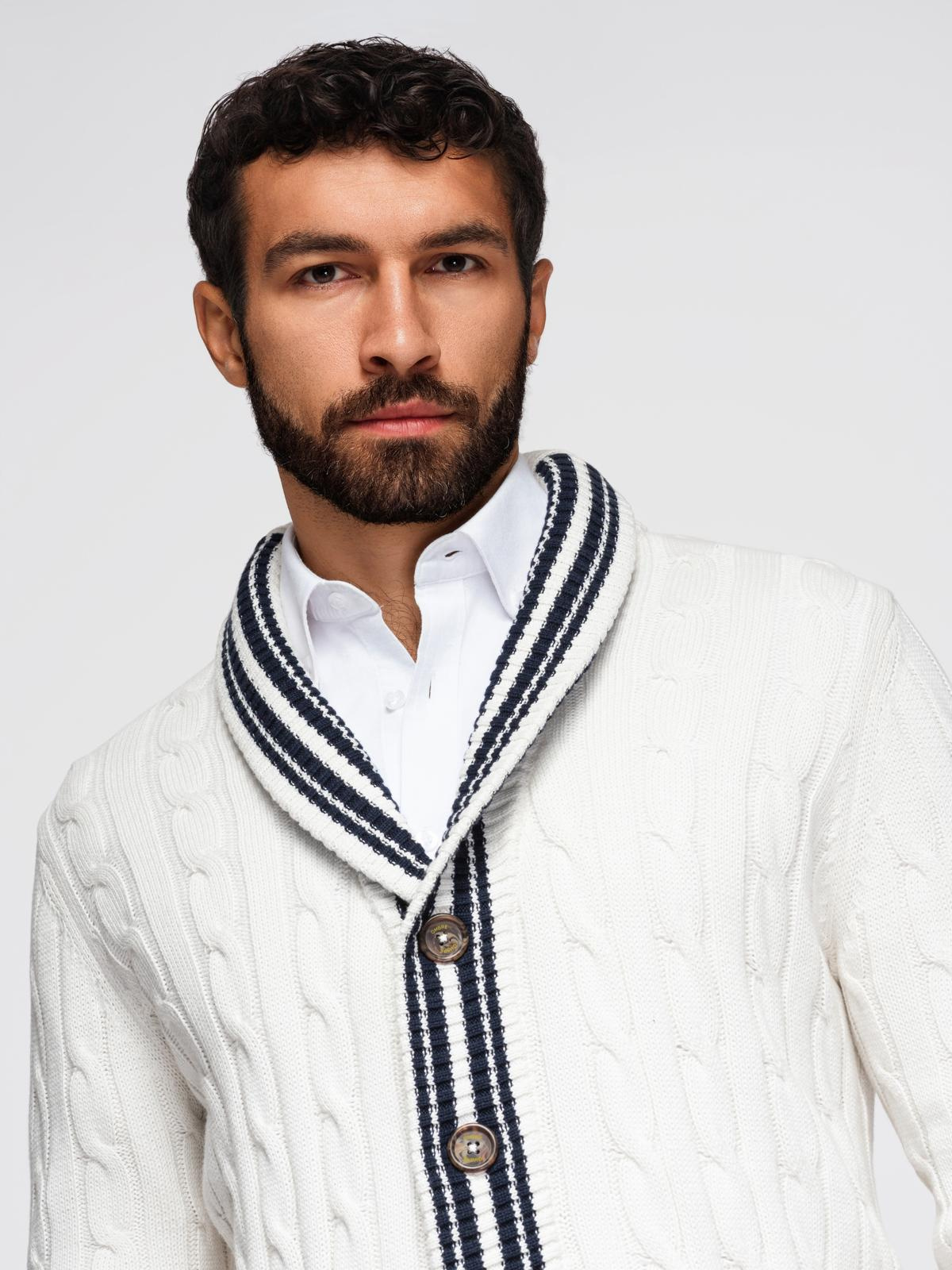 Ombre Men's cardigan sweater with shawl collar in preppy style - white