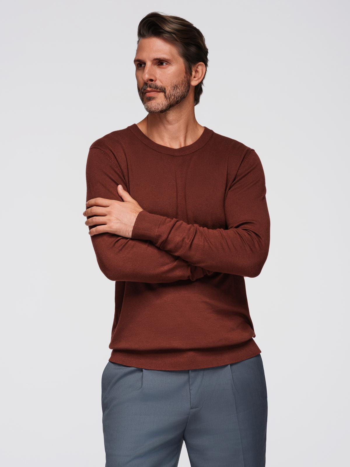 Ombre Men&#039;s sweater with round neckline in stretch knit with classic weave - maroon