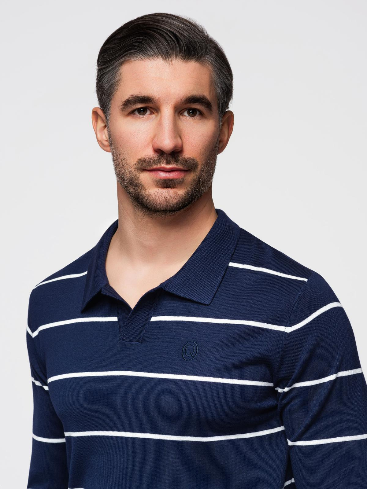 Ombre Men's horizontal striped polo longsleeve with viscose - navy blue and white