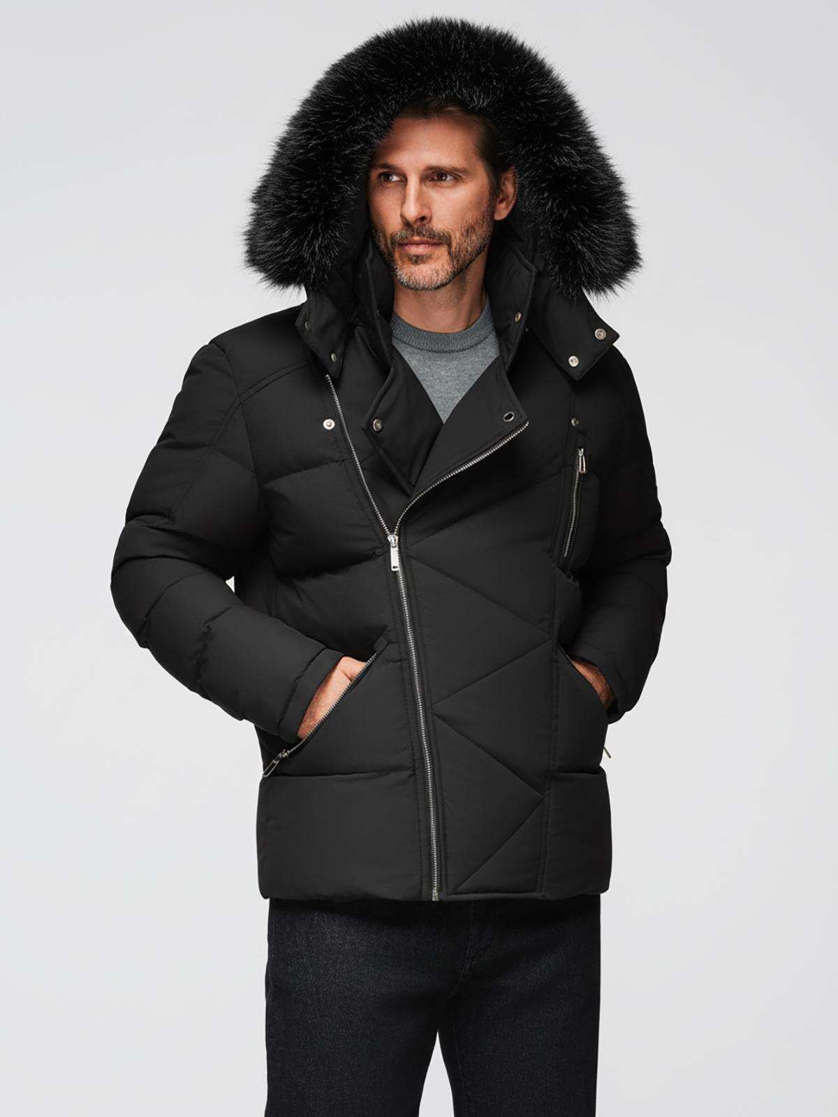 Ombre Men&#039;s quilted jacket with cut of ramoneski with hood - black