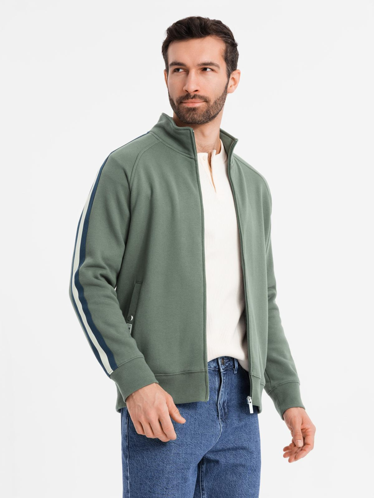 Ombre Men's sweatshirt with high collar and stripes - olive