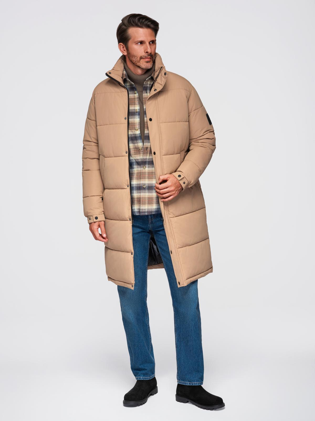 Ombre Men&#039;s quilted long jacket with detachable hood - beige