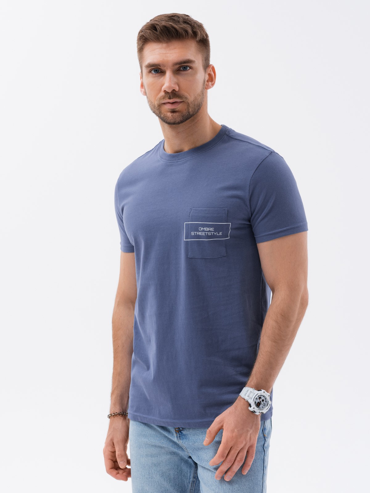 Levně Ombre Pánské bavlněné tričko s kapsovým potiskem