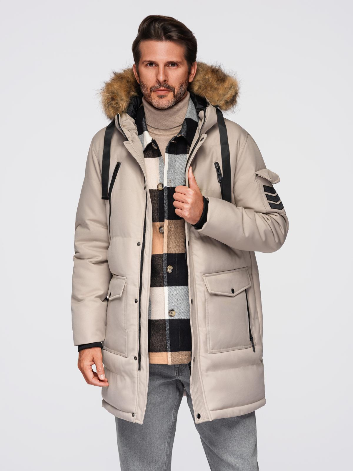 Ombre Men&#039;s long warm parka jacket with hood - beige