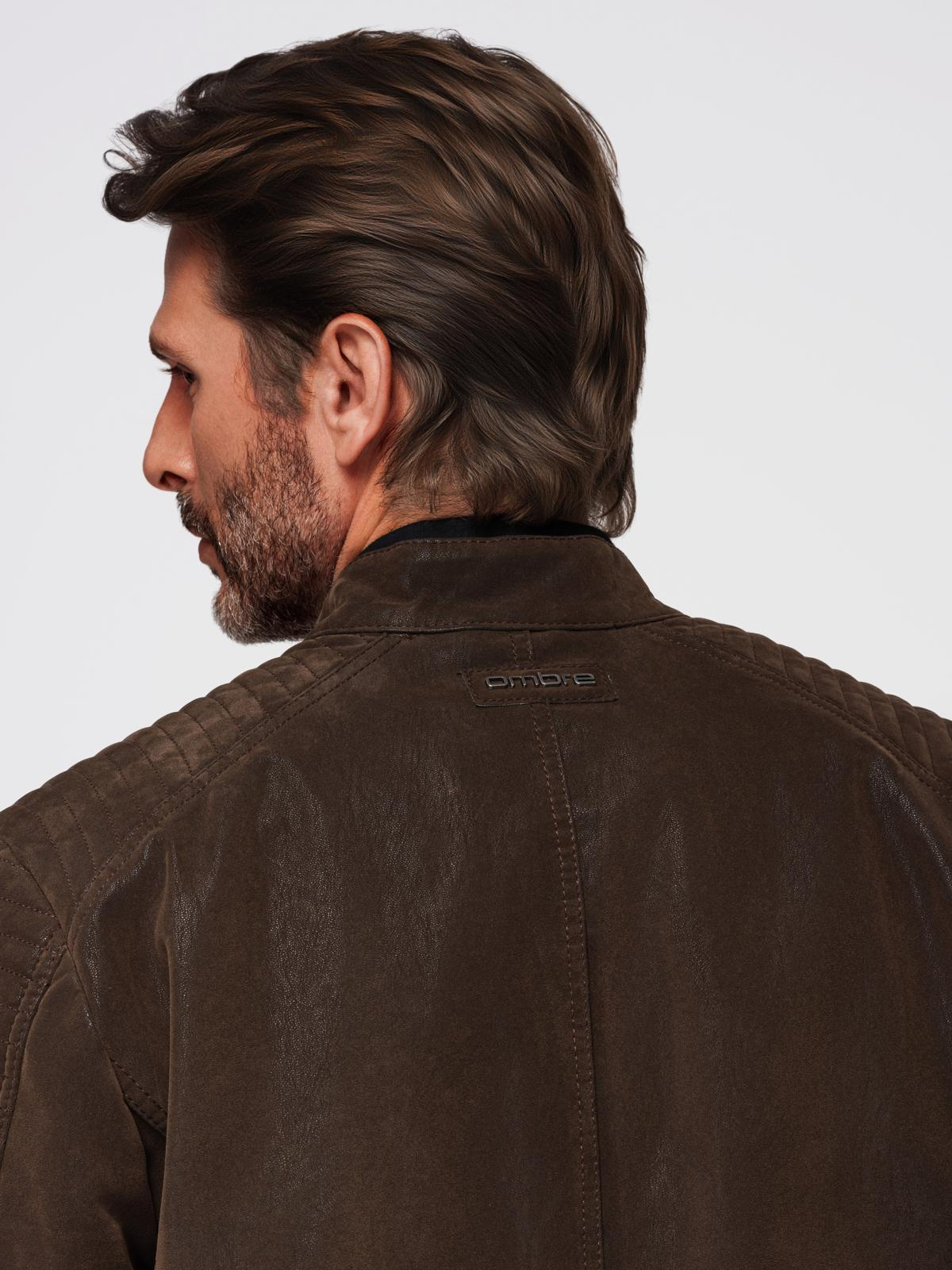 Ombre Men&#039;s retro biker jacket with stand-up collar - brown