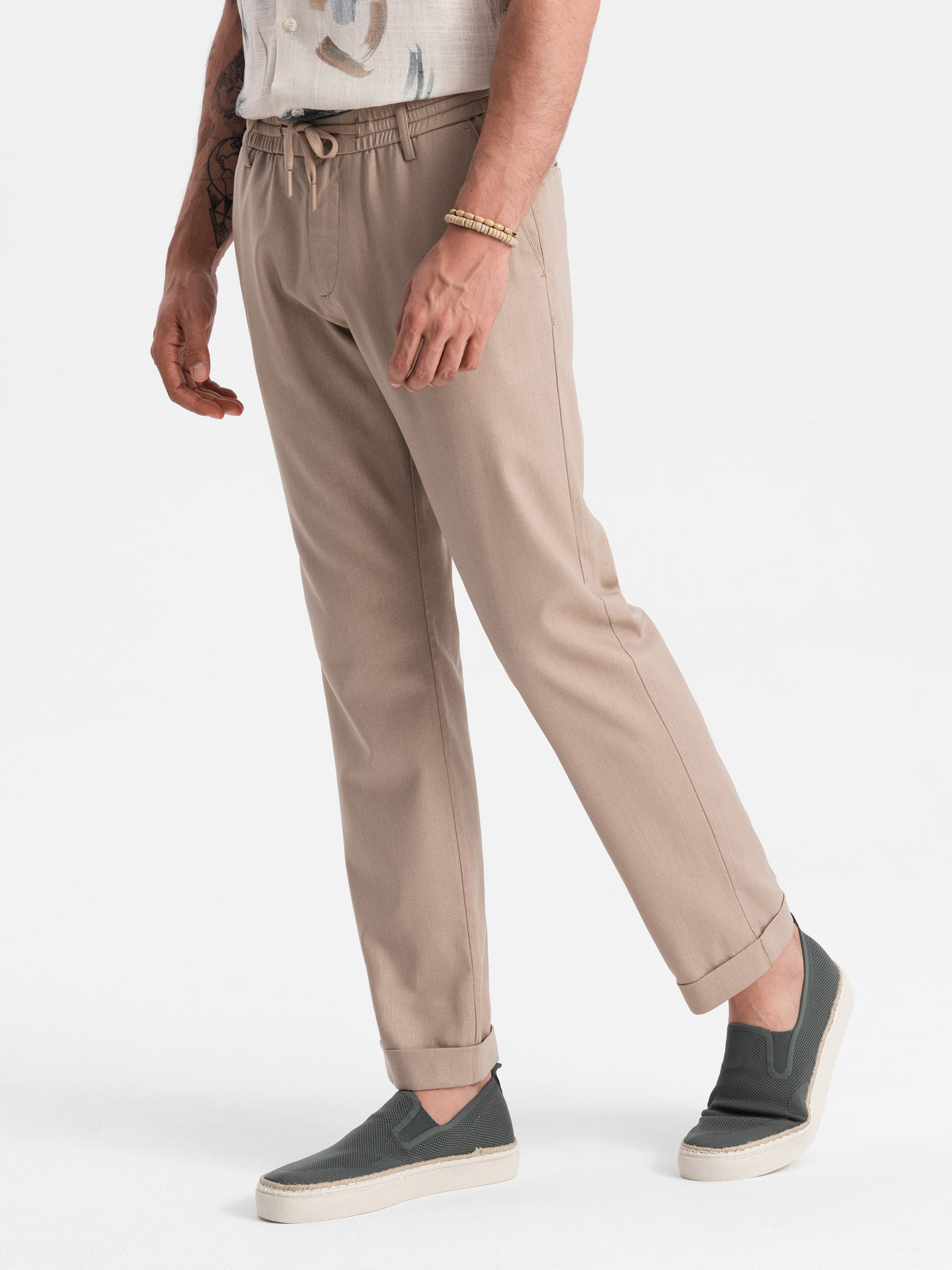 Ombre Men&#039;s linen blend rolled up chino pants - light brown