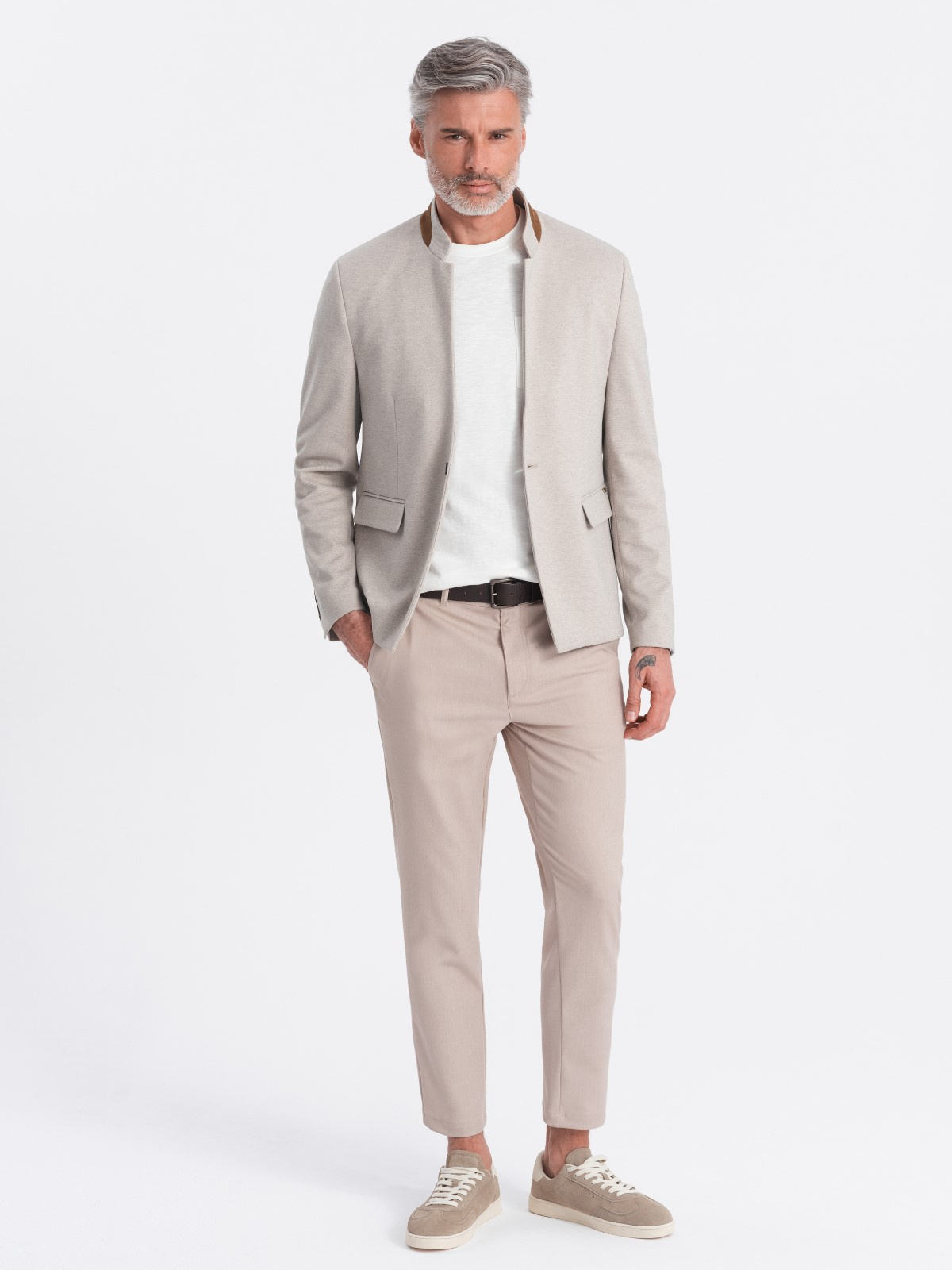 Ombre Men&#039;s melange rayon jacket with stand-up collar - beige melange