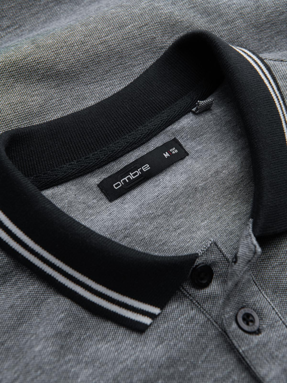 Ombre Men's melange polo shirt with striped collar - black