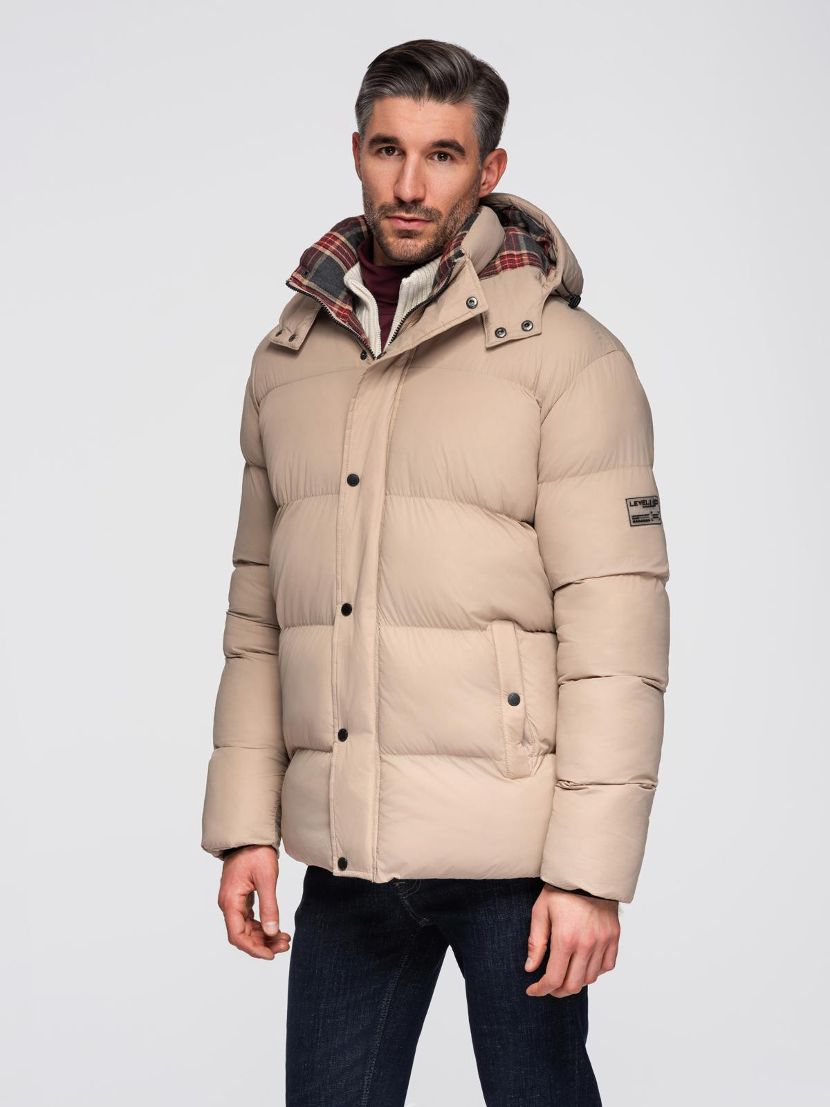 Ombre Men&#039;s puffer jacket with check lining - beige