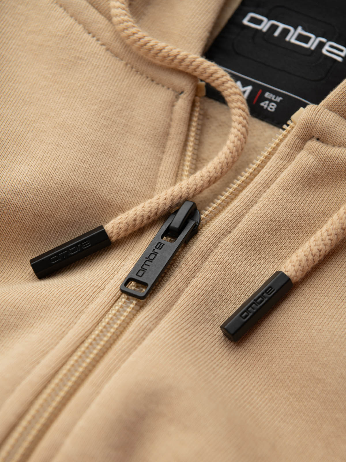 Ombre Men&#039;s unbuttoned sweatshirt with hood and patch - sand