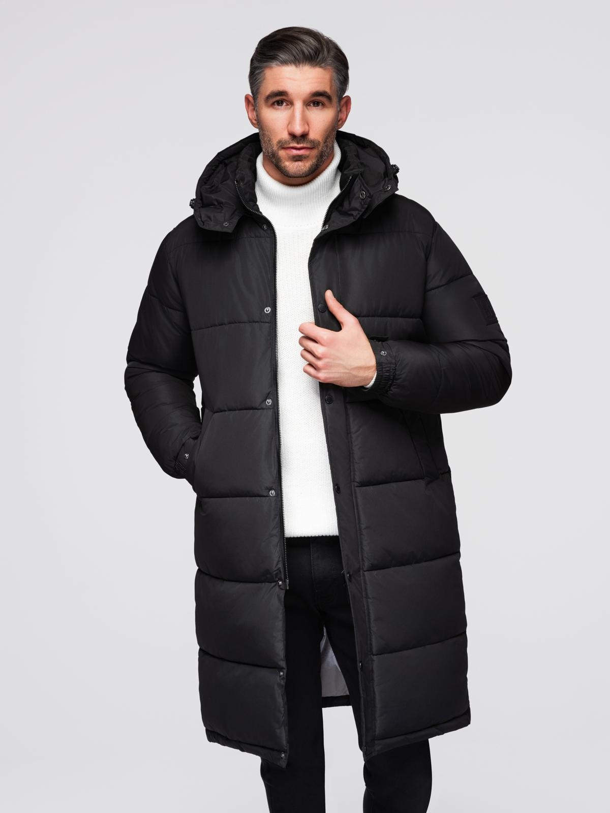 Ombre Men&#039;s quilted long jacket with detachable hood - black