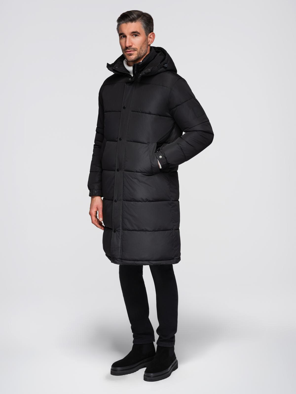 Ombre Men&#039;s quilted long jacket with detachable hood - black