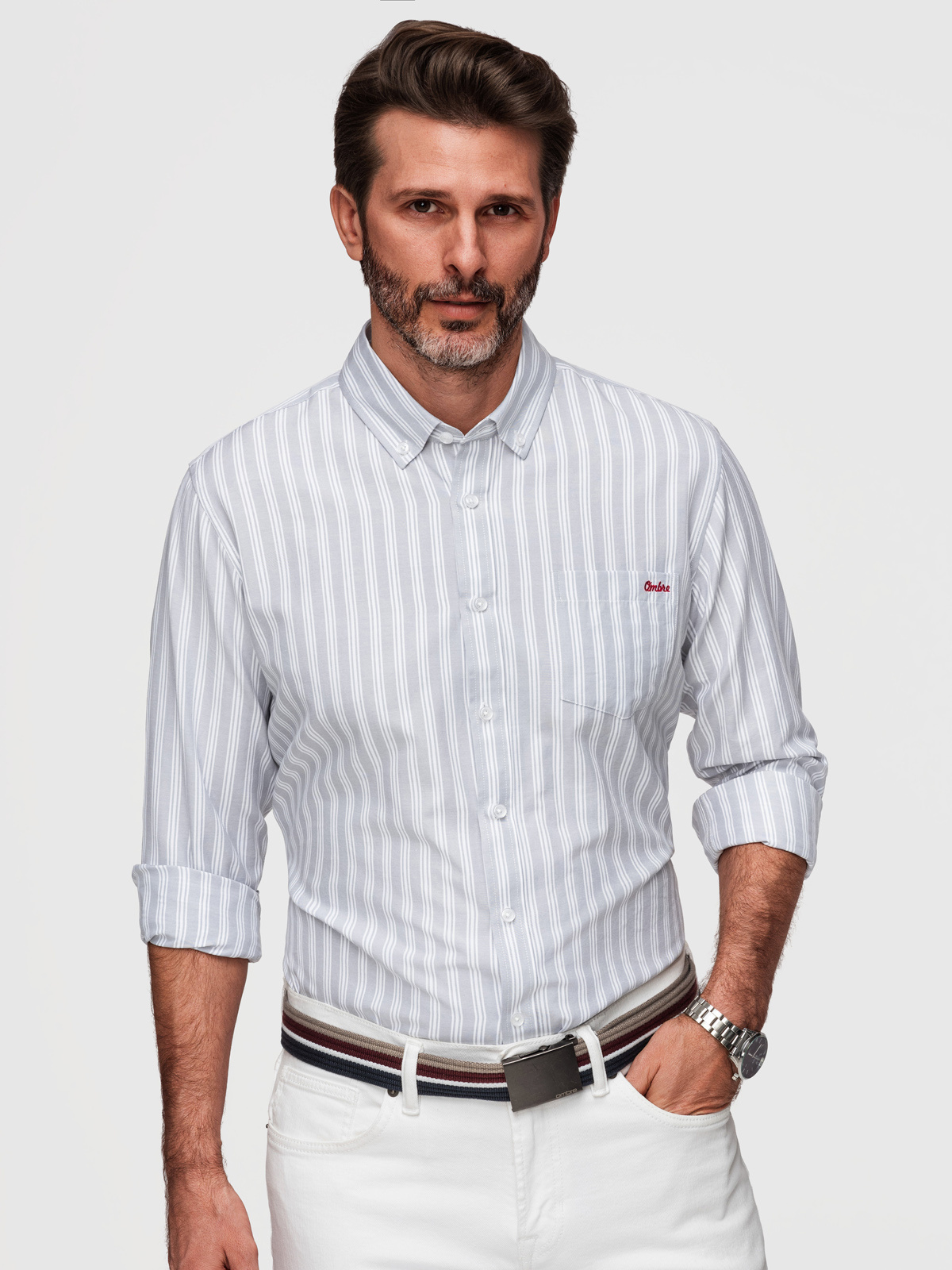 Ombre Men's REGULAR FIT shirt in white stripes with pocket - grey
