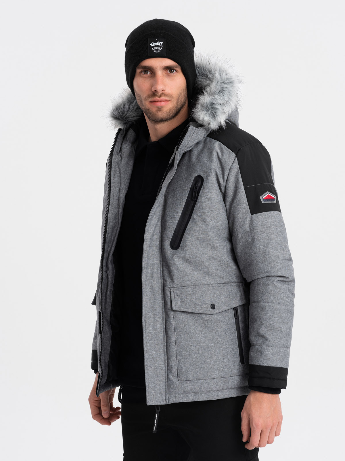 Ombre Men's winter jacket with adjustable hood with detachable fur - grey and black