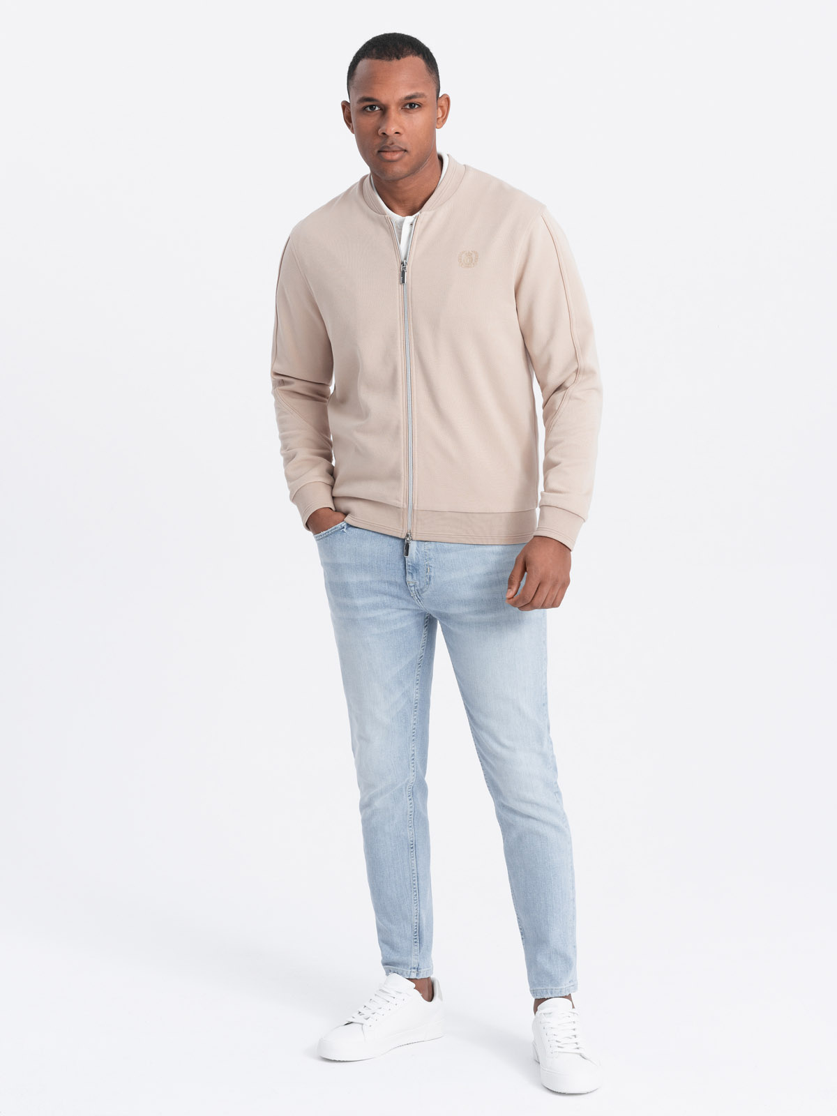 Ombre Men's lightweight bomber jacket with logo lining - light beige