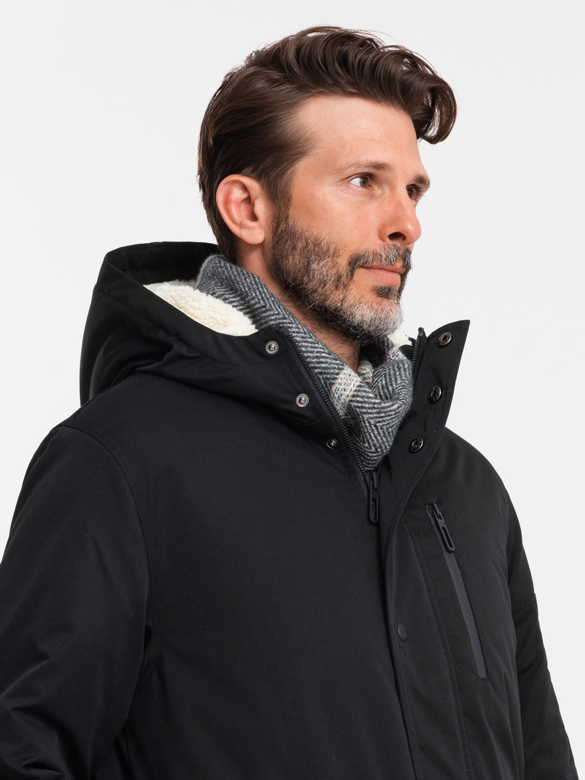 Ombre Męska długa kurtka parka sherpa – black