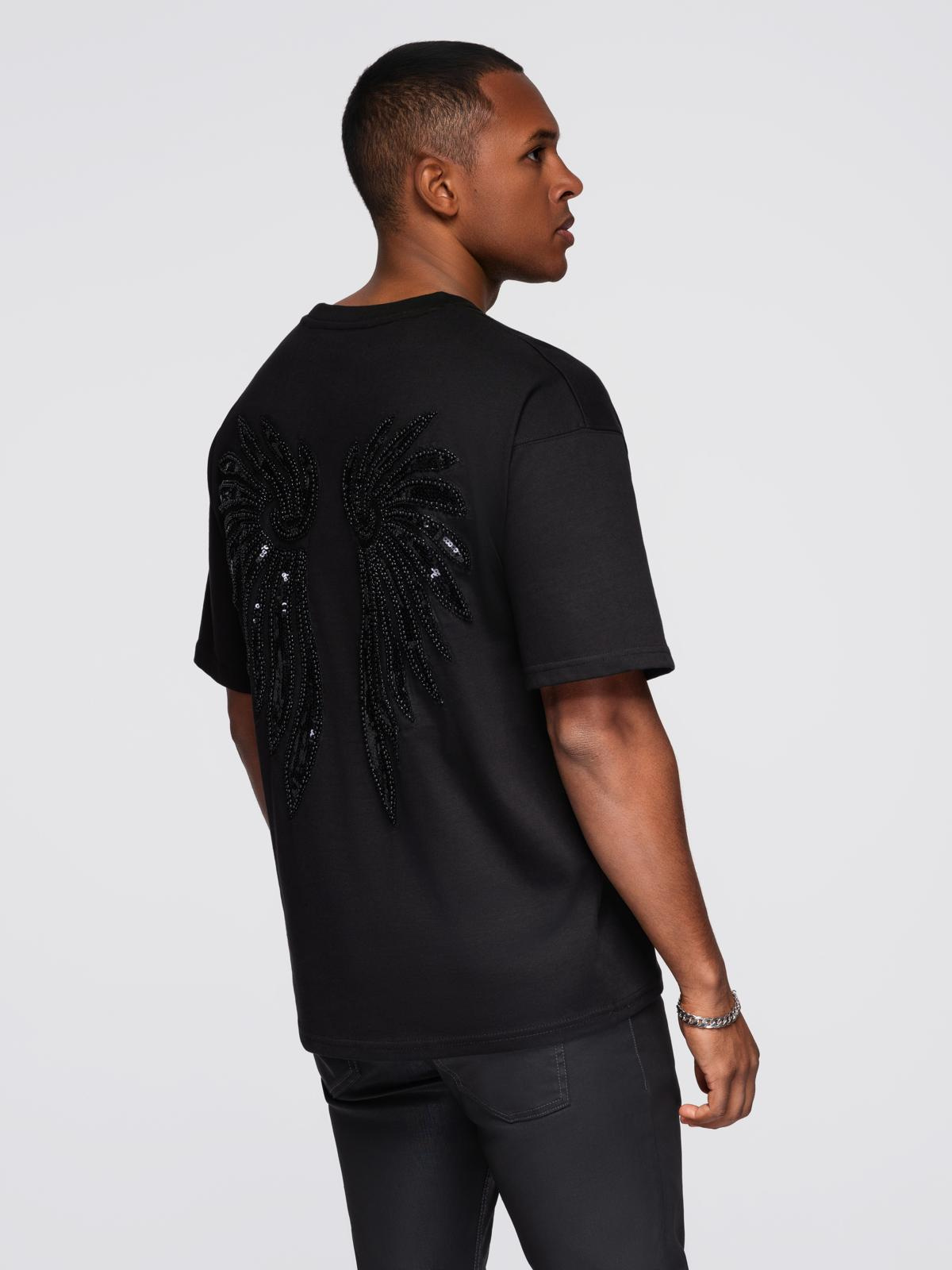 Ombre Men&#039;s cotton T-shirt with sequin wing motif on back - black